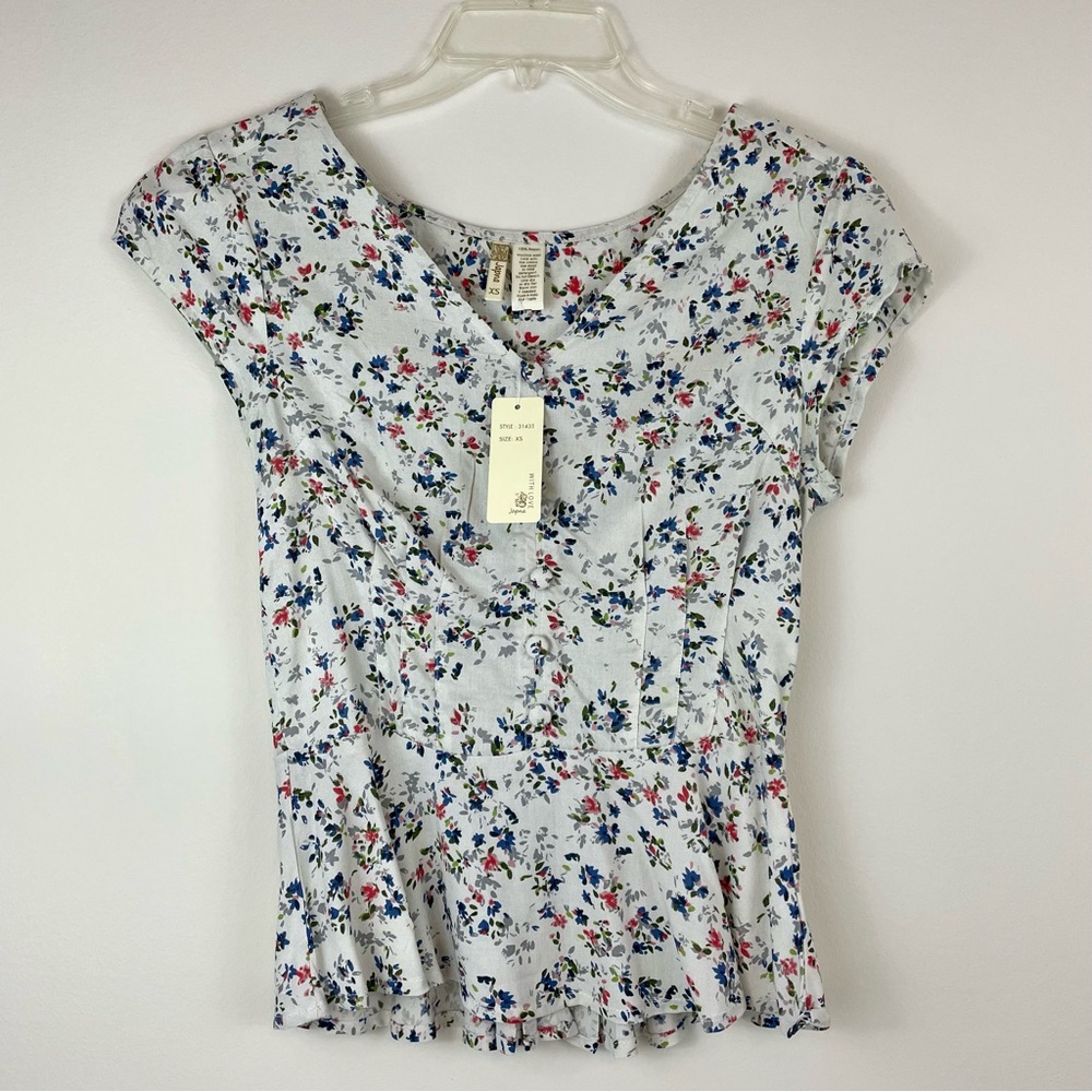 Japna White Floral Button Front Peplum Top XS NWT